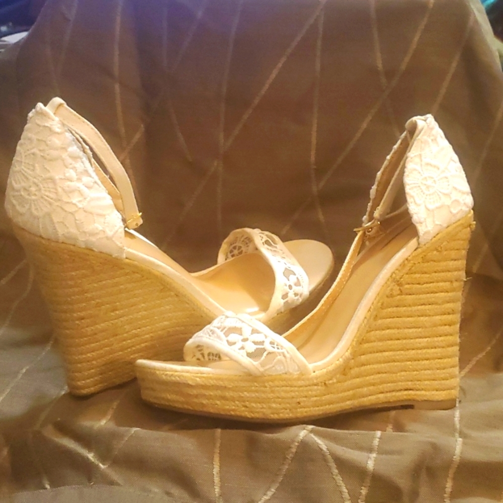 Beige Lace wedge heeled sandals